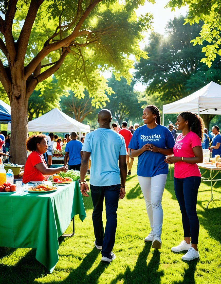 A vibrant family standing together in a lush community park, engaging in various health-centric activities like jogging, cooking healthy meals, and discussing health initiatives with local organizers. The background showcases a colorful community health fair with informative booths and happy families, symbolizing connection and support. Bright sunlight filters through the trees, creating a warm and inviting atmosphere. super-realistic. vibrant colors. 3D.