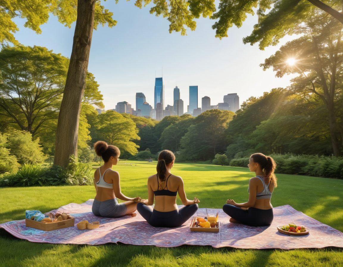 A warm and inviting scene showcasing a diverse family engaging in wellness activities in a lush New Jersey park, surrounded by greenery and sunlight. Include elements like a picnic set, yoga mats, and children playing, symbolizing health resources and support services. The backdrop should feature the iconic New Jersey skyline, reflecting a blend of urban and natural environments. vibrant colors. super-realistic.